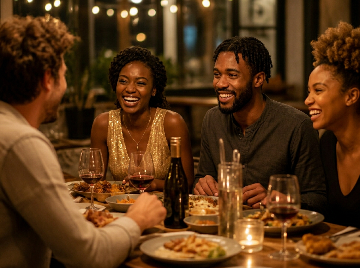 Clients partageant un repas convivial au restaurant
