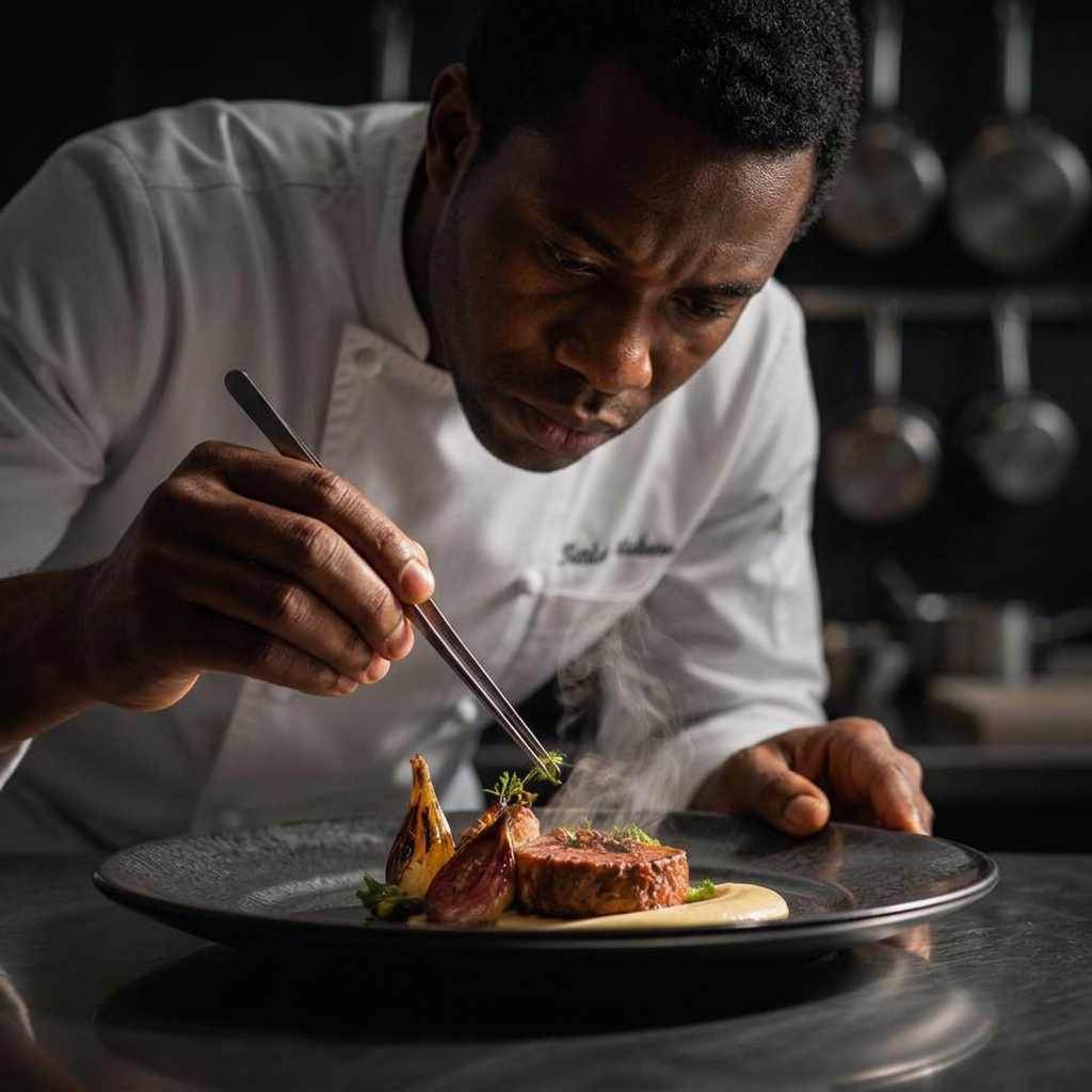 Chef dressant une assiette